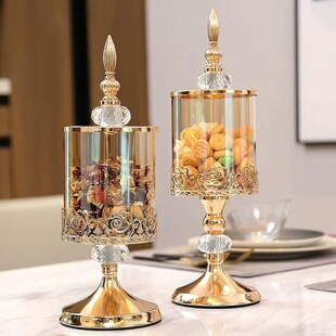 Light Luxury Crystal Glass Storage Jar with Lid European American Style Living Room Coffee Table Lace Candy Jar Storage Decorative Ornaments
