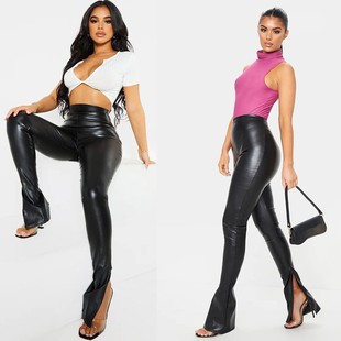 Spring and Autumn Cross-border Hot Selling PU Tight Leather Pants Side Slit High Waist All-match Leggings European and American Casual Pants
