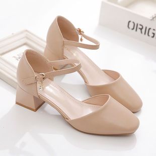 Baotou Sandals Women's Hollow All-match Square-toe Single-layer Shoes 2024 New Fairy Style High-heeled Shoes with Buckle
