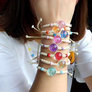 European and American Handmade Hemp Cotton Woven Bracelet with Thousand Dried Flowers Life Tree Bohemian Colorful Ethnic Style Women's Tight Hand Rope