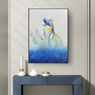 Pure hand-painted annual fish painting decorative painting entrance porch oil painting Klein blue vertical version simple living room decorative painting
