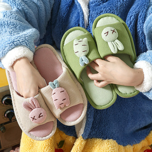 Cute cartoon linen slippers women's summer indoor home couple sandals non-slip cotton and linen mute slippers wholesale