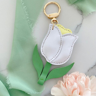 Creative tulip flower leather key pendant personalized female couple key chain Korean style women's bag pendant accessories