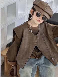 Boys' Leather Vest 2024 Autumn New Mid-child Handsome Fashionable Sleeveless Jacket Trendy Cool Western Style Loose Cool Fashionable