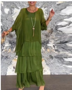 European and American 2024 New Elegant Elegant Women's Fashion Solid Color Chiffon Mesh Bat Sleeve Crewneck Cake dress