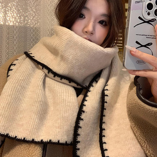 Imitation Cashmere Edge High-grade Knitted Wool creamy-white Scarf for Students Men and Women Couple's Winter Warm Scarf
