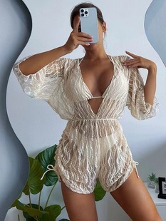 New cross-border Amazon long-sleeved mesh waist one-piece swimsuit printed drawstring high waist European and American bikini three pieces