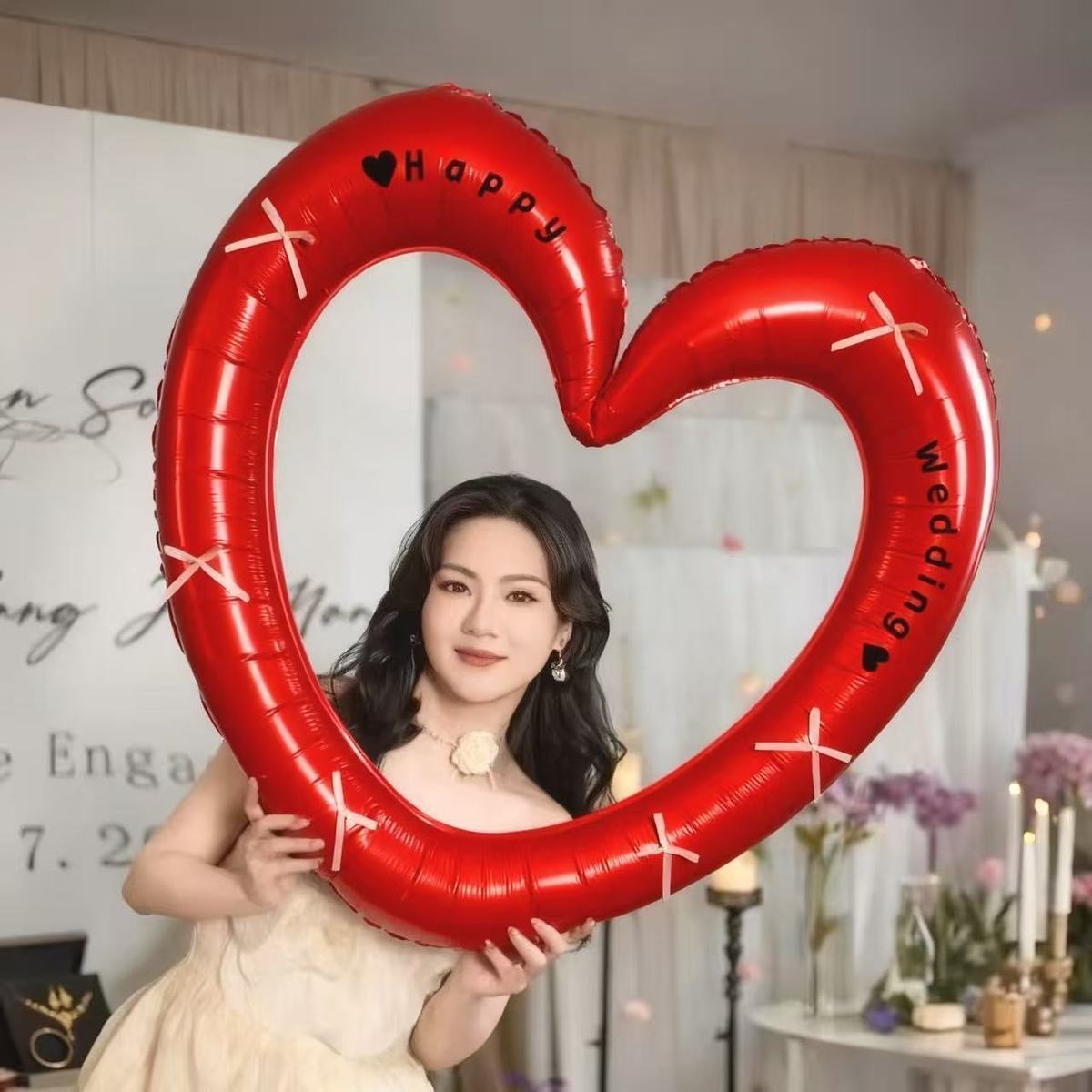 Wedding Dressing Gown for Photoshoot, Red Hollow-Out Oversized Heart-Shaped Photo Frame, Balloons, Wedding Certificate Photo Props