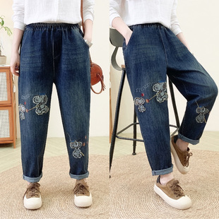 Elastic cropped jeans women's national style embroidered buckle elastic waist slimming casual trousers high quality women's pants