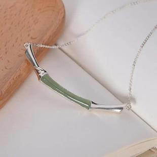 Inlaid Hetian jade pendant clavicle chain female fresh personality light luxury sweater necklace bamboo leaf green