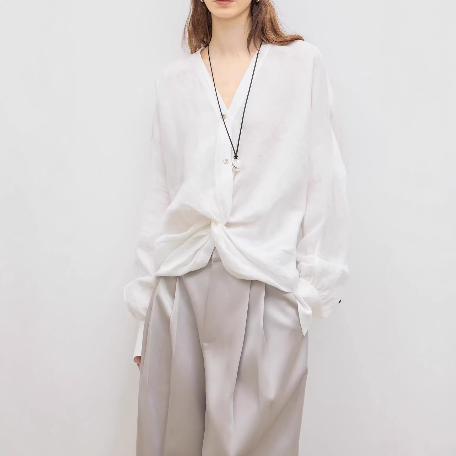 2026 Spring/Summer New Women's Shirt: Casual, Refined, Simple, ROW Style, Knotted V-Neck, Loose Fit, Versatile Long-Sleeved Top