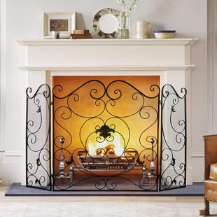 New wrought iron floor fireplace tri-fold screen living room heater with net fence home stove partition fireproof cover