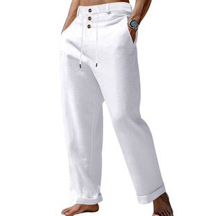 2025 Amazon Cross-Border European and American Men's Spring New Fashion Straight Cotton and Linen Strap Beach High-Waist Casual Pants for Men