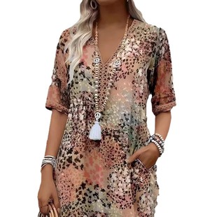 Amazon 2024 European and American New Printed Summer V-Neck Casual Vacation Bag dress Home Service Foreign Trade Women