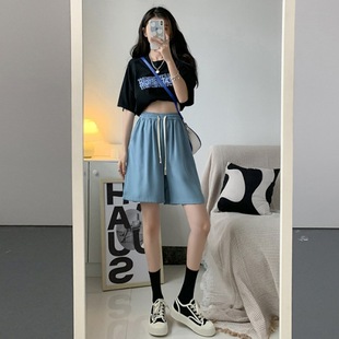 Ice Silk sports shorts women's summer thin high waist slimming chubby girl plus size casual middle pants running wide leg shorts