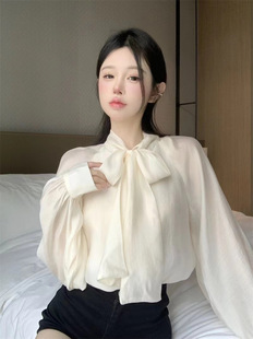 French Style Elegant Strap Bow Long Sleeve Shirt Women's Design Sense Niche Chic Shirt Top Spring and Autumn New