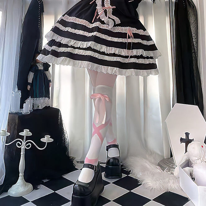 Japanese-Style Lolita Lace-Up Cross Socks for Women, Sweet Bow Lolita Mid-Calf Socks, Jk Leg-Shaping Over-The-Knee Socks