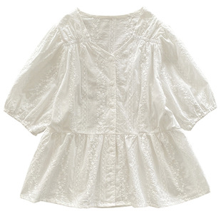 White Shirt Women's Summer 2023 New Korean Style Commuter Sweet V-neck Lantern Sleeve Skirt Doll Shirt Top