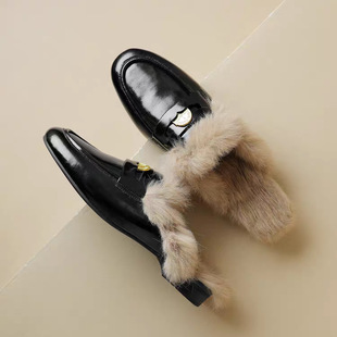 Warm Mao Mao slippers women's outer wear rabbit fur net red cotton shoes 2024 new winter small gold flat Mueller shoes wholesale