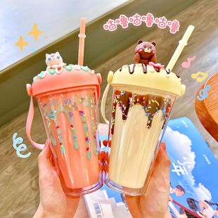 Creative plastic cup cute cartoon doll rabbit Micro landscape cream ice cream student portable straw Cup