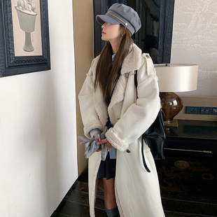 Real shot creamy-white stand collar lamb wool coat women's winter fur integrated thickened long over-the-knee high-grade overcoat
