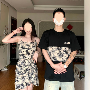 Couple's Summer Niche Design Slimming Short-Sleeved Shirt French Flesh-Covering Suspender Dress One Skirt and One Dress