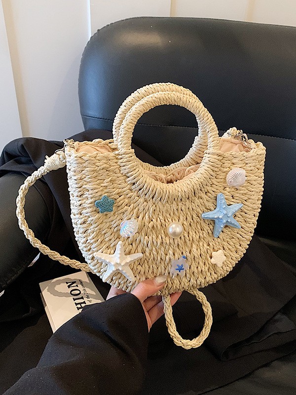 Handmade beach vacation souvenir straw bag, hand-held shoulder bag, paper rope women's bag, starfish basket, crossbody straw bag