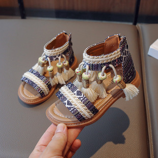 Girl's Ethnic Style Sandals Girl's Stylish Vacation Shoes Roman Shoes 2023 Summer New Children's Beach Shoes