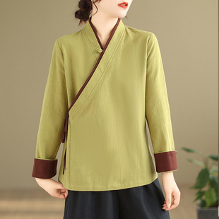 New Style Tea Clothing Tang Suit Hanfu Women's Chinese Style Top Linen Tea Artist Clothing Spring and Autumn Meditation Zen Clothing Tea Clothing Green