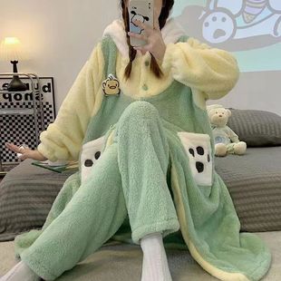 Симпатичная Пижама Yugui Dog из кораллового флиса, Женская Новинка 2023 года, осенне-зимняя ночная рубашка для собак с большими ушами, утолщенный длинный халат