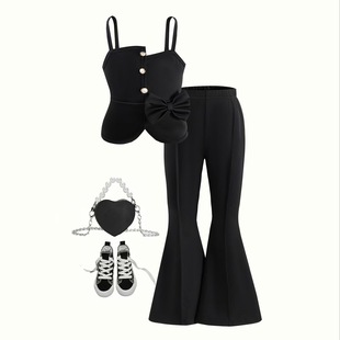 Children's clothing Black Stretch Button Strapless Flare Casual Pants suit Two-Piece Set