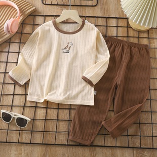 2025 New Children's Long-sleeved Home Clothes Pajamas suit Cotton Baby Cartoon Round Neck Air-conditioning Clothes Men's and Women's Summer Clothes