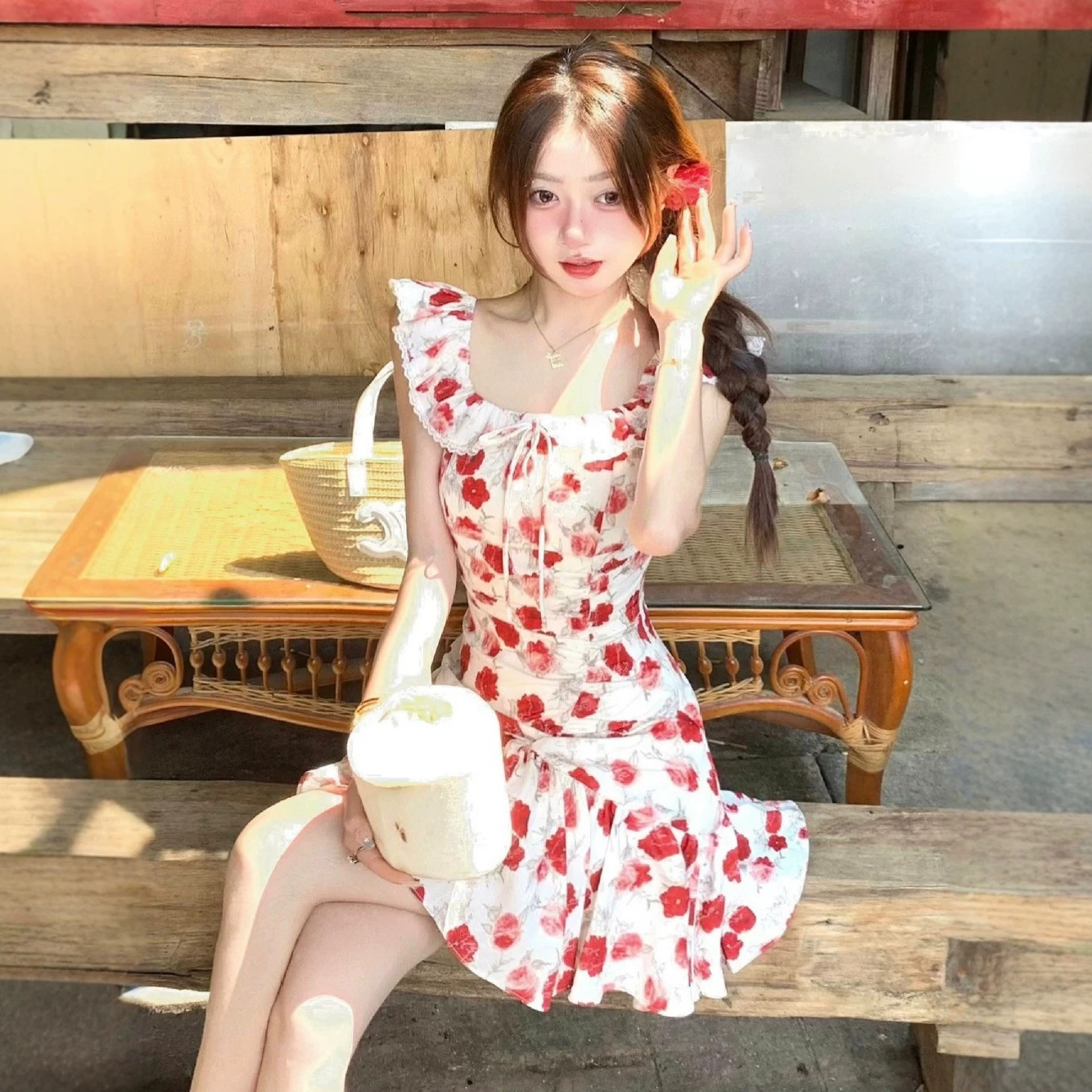 French Resort-Style Red Floral Dress with Small Flying Sleeves for Women, Summer Short Dress for Petite Figures, Waist-Cinching and Slimming Beach Dress