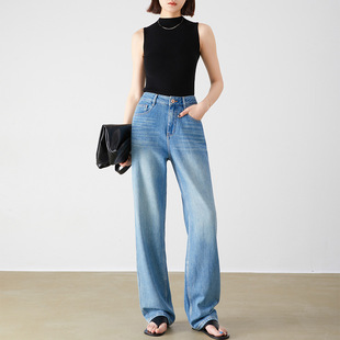 Lyocell Wide Leg Jeans Women's Loose Slim Look 2024 New High Waist Straight Draping Trendy Pants