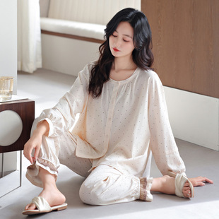 New Cotton Pajamas Women's Long Sleeve Cardigan Spring and Autumn suit plus size Small Spots Loose Casual Cool Cotton Home Clothes