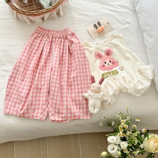 Cream New Arrival Rabbit Chirp Girl Baby Summer Cute Cartoon Skirt Vest Plaid Pants Cute Two-Piece Fashionable Suit
