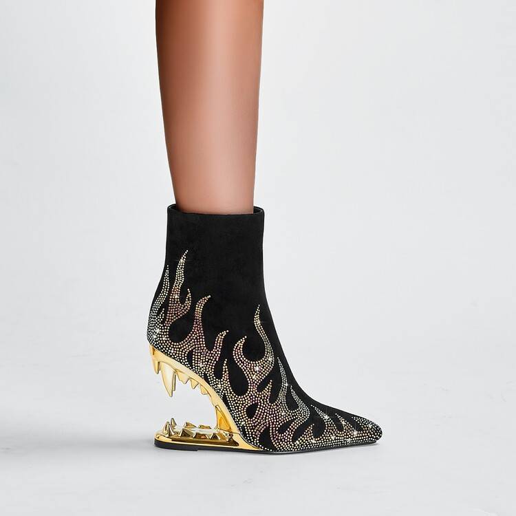 2024 New Punk Rhinestone Tiger Tooth Shaped Heel Flame Halloween Pointed Ankle Boots Slim Women's Boots Fashion Boots