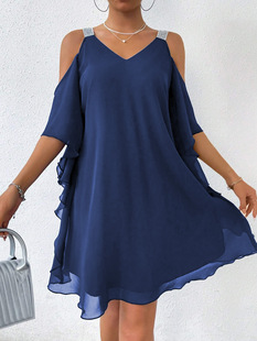 Real shot in stock foreign trade cross-border 1688 summer ladies shoulder chiffon solid color V collar elegant European and American dress