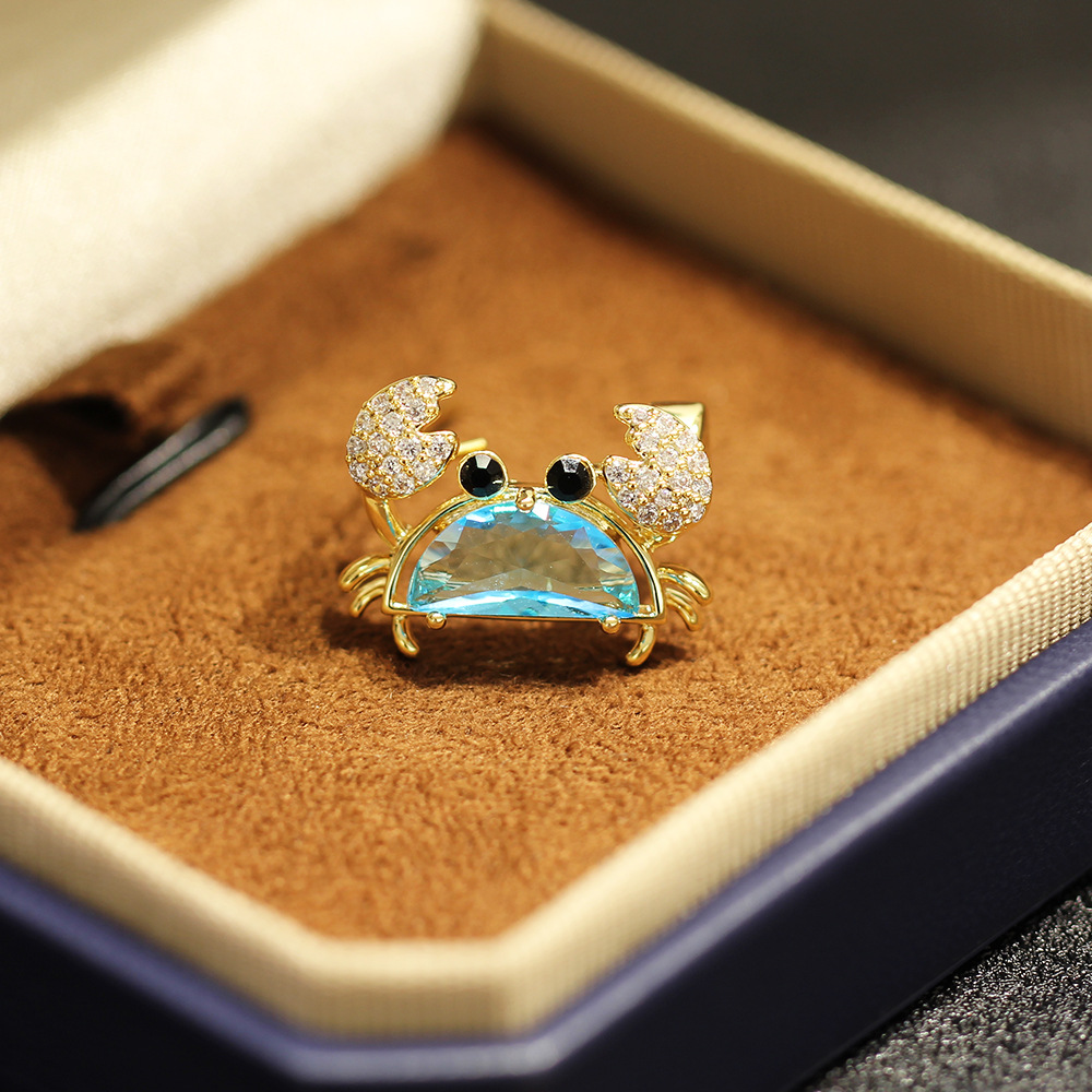 Summer Vacation Style Exquisite Stone-set Blue White Small Crab Pin All-match Mini Small Brooch Marine Life Women