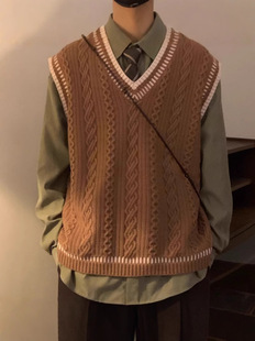 Autumn and Winter New College Wind Twist Sweater Men's Casual V-neck Vest Knitted Sweater Korean Loose Waistcoat