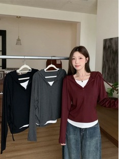 Strict Selection of Half Zipper Hooded Fake Two-Piece Base Shirt Women's Autumn and Winter Contrast Foreign Style Fashion Long Sleeve Slim-Fit Base Shirt