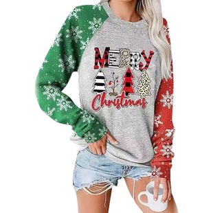 Cross-border foreign trade European and American wholesale Amazon T-shirt print Christmas women's autumn and winter long sleeve casual raglan sleeve t-shirt