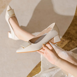 Sheepskin Coarse Heel Single-layer Shoes Women's 2025 New Autumn Mid-heel Pointed Toe Shallow Mouth Work Shoes French Elegant High Heel Women's Shoes