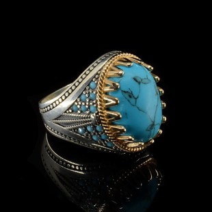WISH cross-border hot selling new retro men's electroplating two-color gold inlaid turquoise ring factory direct sales