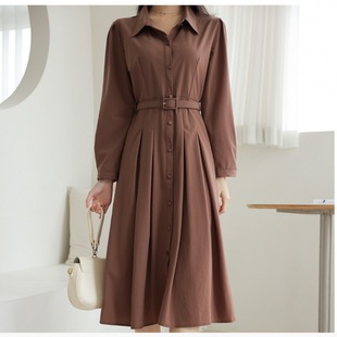 Spring and Autumn Korean style plus size women's long-sleeved shirt collar slim fit dress fashion belt single-breasted solid color midi dress