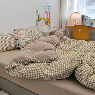 Internet Celebrity Japanese Style Simple Ins Style Plaid Sanding Skin-friendly Bacteriostatic Spring and Autumn Summer Four-piece Quilt Cover for Students