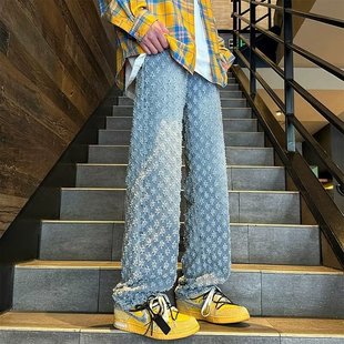American Style Vintage Jacquard Style Jeans Men's Spring and Autumn Design Vibe Pants