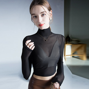 Small turtleneck mesh top autumn new sexy thin short shirt Western style slim solid color bottoming shirt
