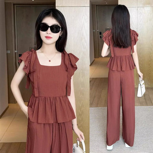 Cross-border plus size Ice Silk Fashion suit 2024 Summer New Age-reducing Elegant Loose Slimming Wide-leg Pants Two-piece Set