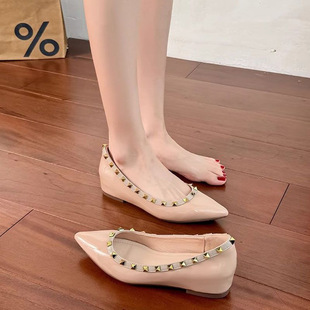Small 5cm Inner Height Rivet Pointed Toe Shallow Mouth Single Shoes Women's 2025 Summer New Style Slip-on Ladle Shoes Boat Shoes